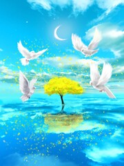 Fototapeta na wymiar Fantasy background illustration of yellow mimosa tree rising above the sea and white colors doves flying around them