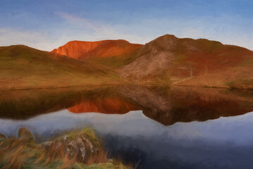 Fototapeta na wymiar Digital painting of Bryn Gwyn, and Clogwyngarreg in the Snowdonia National Park, Wales.