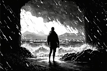 Lonely person on seashore looking at dangerous crashing tide in storm. Generative AI