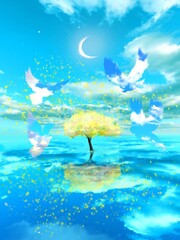 Fantasy background illustration of yellow mimosa tree rising above the sea and sky blue colors doves flying around them