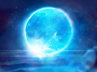 Fantasy background illustration of big blue mysterious full moon setting in lapping waves
