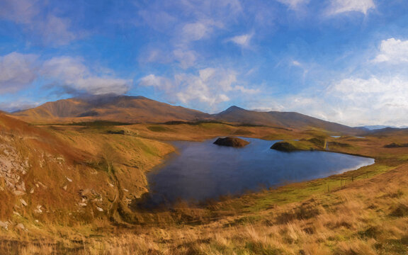 Digital painting of Llyn y Dywarchen, and Snowdon in the Snowdonia National Park, Wales.
