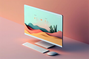 Beautiful 3d render desktop setup. Colorful, technology illustration. Modern light desktop concept wallpaper. Beautiful, aesthetic background.