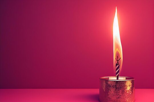 Burning Gold Birthday Candle On Pink Background, Number 5. Generative AI