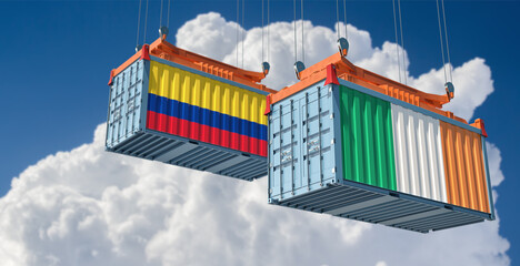 Cargo containers with Ireland and Colombia national flags. 3D Rendering 