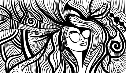 Black and white psychedelic line art with the abstract woman. Doodles and lines abstract hand-drawn vector art. - obrazy, fototapety, plakaty
