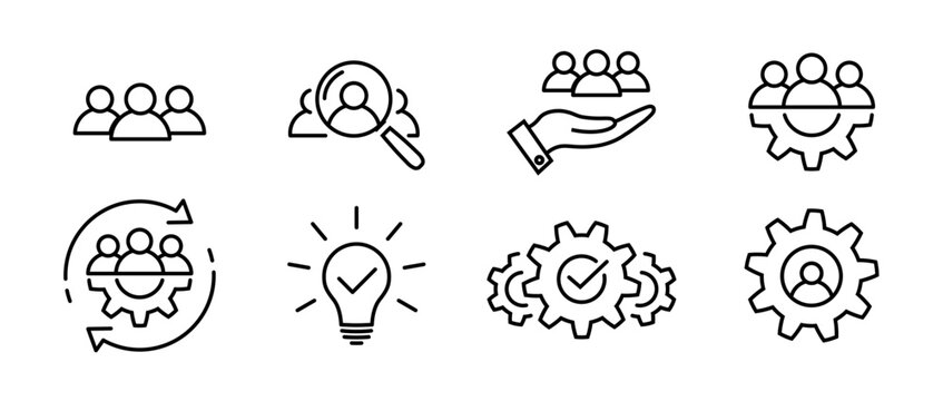 Business thin line icon set. Teamwork process symbols in flat. Customer search and care signs isolated on white. Leadership and creative icon in black. Vector illustration for graphic design, Web, UI.