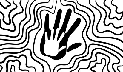 Black and white psychedelic line art with abstract palm print, and handprint. Doodles and lines abstract hand-drawn vector art.