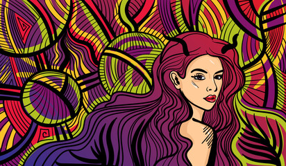 Colourful psychedelic line art with abstract woman. Doodles and lines abstract hand-drawn vector art.