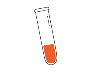 Hand drawn cute illustration of test tube with blood. Flat vector laboratory equipment in simple colored doodle style. Blood test, donor, medicine sticker, icon or print. Isolated on white background