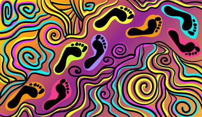 Colourful psychedelic line art with an abstract footprint. Doodles and lines abstract hand-drawn vector art.