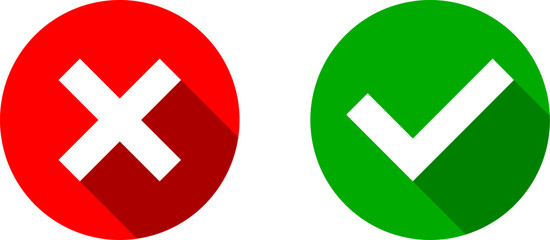 Fototapeta na wymiar Yes and No or Right and Wrong or Approved and Declined Icons with Check Mark and X Signs with 3D Shadow Effect in Green and Red Circles. Vector Image.