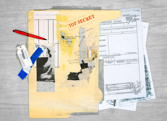Top secret document, declassified, confidential information, secret text. Non-public information. Sheet of paper with classified information. Top secret stamp. State secret