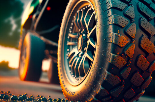 Closeup image of car wheel with black rubber tire,Close-up car tire, parked car. Low angle shot, automatic wheel with aluminum rim concept, car maintenance, vehicle prevention and safety, tire change.