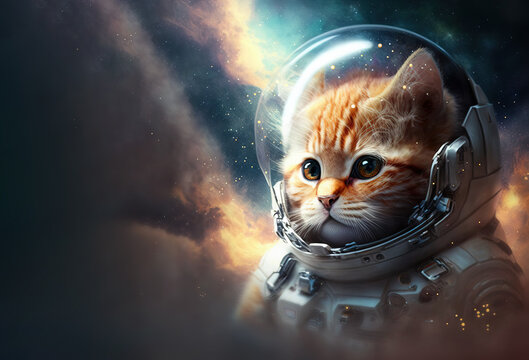 Funny cat astronaut in outer space. Generative AI