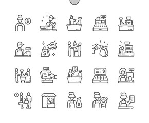 Cashier. Cash machine. Grocery store cashier stands. Shop, supermarket. Pixel Perfect Vector Thin Line Icons. Simple Minimal Pictogram
