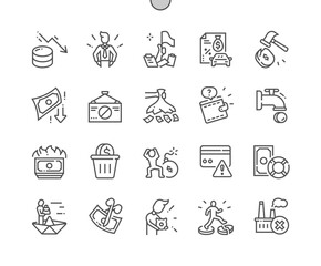 Bankruptcy. Financial crisis. Wasted money. Car loan. Blocking card. Pixel Perfect Vector Thin Line Icons. Simple Minimal Pictogram