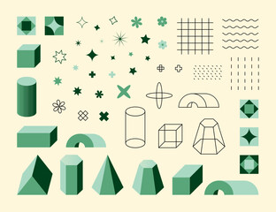 Set of geometric shapes and cartoon objects, graphic design elements. Flat design.  