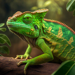 Obraz premium green chameleon on a branch, Generative AI Art Illustration 01