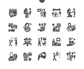 Mothers Day. Calendar. Mom and child. Festive dinner. Letter to mom. Postcard and flower. Vector Solid Icons. Simple Pictogram