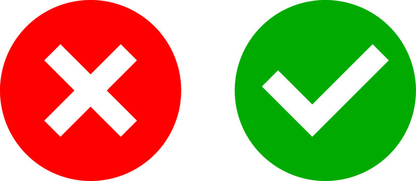 Yes and No or Right and Wrong or Approved and Declined Round Icons with Green Check Mark and Red X Cross Sign. Vector Image.	
