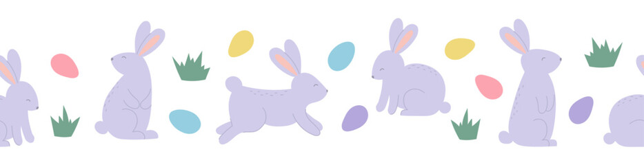 WebSeamless border with cute rabbits and eggs. Template for Easter decor, invitation, cards.