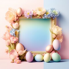 Naklejka na ściany i meble Creative Spring frame made of fresh, pastel, field flowers, leaves and Easter painted eggs. Copy space. Pastel background. Floral colorful decoration. Illustration, Generative AI.