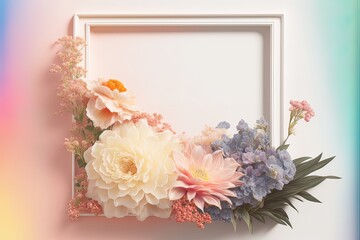 Obraz na płótnie Canvas Creative Spring frame made of fresh, pastel, field flowers and leaves. Copy, empty space. Soft pastel background, flat lay. Floral colorful decoration. Illustration, Generative AI.