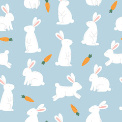 WebSeamless pattern with cute rabbits and carrots on blue background. Template for Easter decor, invitation, cards.