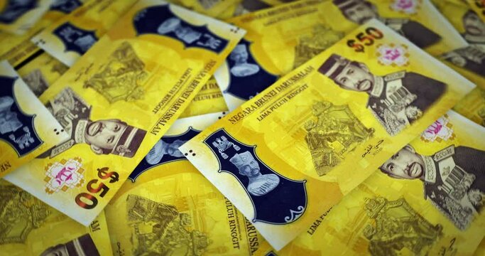 Brunei Dollar growing pile of money. BND banknotes loop rotaring. Seamless and looped background concept of finance, economy crisis, inflation and business.
