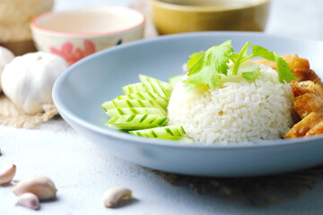 Thai style grilled chicken with rice and spicy soup on white background