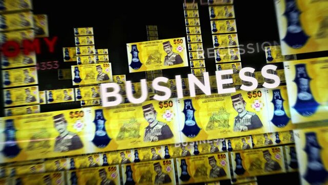 Brunei Dollar money loop 3d animation. Camera flying between BND banknotes. Finance, economy, crisis, business success, recession, debt and tax seamless looped concept.
