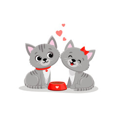 Two cute cartoon kittens on white background. Valentine's day card.Cute valentine cats couple with hearts