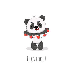 Cute cartoon panda with a hearts on white background.I love you valentine's day card