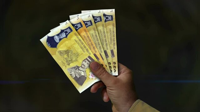 Brunei Dollar money holding. Fan of banknotes in hand. BND paper cash. Concept of income, success, business, tax, economy and finance.