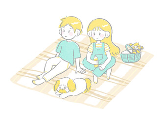 Cherry blossom viewing Family having a picnic Sitting on a blanket with a dog Cute and simple hand drawn illustration / お花見 ピクニックをする家族 犬とブランケットに座っている かわいくてシンプルな手描きイラスト