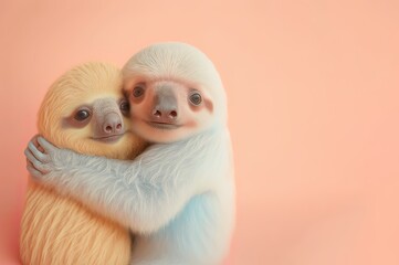 Animal tender, romantic love, pastel background. Baby sloths hug and cuddle. Valentine's Day in the animal world. Illustration, Generative AI.