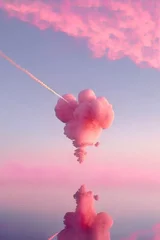 Zelfklevend Fotobehang Pink creative concept under pastel, thick, fluffy, clouds purple sky. Abstract loving gentle landscape illustration. Generative AI. © Uncanny Valley