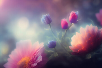 Blurred background with pink and blue flowers, foggy wallpaper. Generative AI.