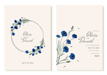 Cute rustic wedding invitation with field blue flowers, cornflowers. Vector template