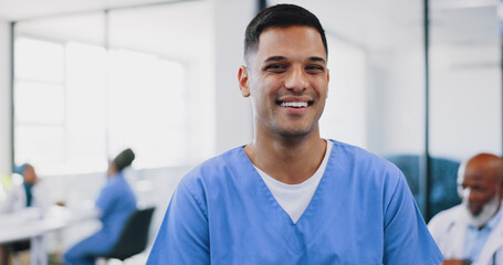 Face, man and happy nurse in hospital, smiling and ready for tasks. Portrait, medical professional...