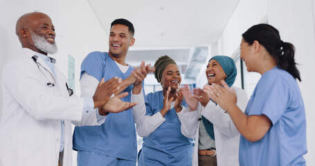 Applause, healthcare teamwork and hospital success, collaboration or motivation. Diversity, happy...
