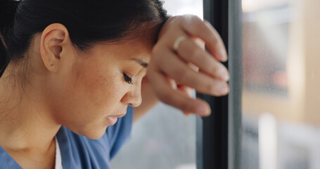 Doctor woman, burnout and anxiety in hospital, workplace and tired in healthcare job, stress or...