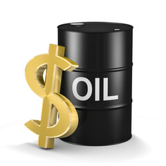 3d illustration oil barrel with dollar symbol over white background