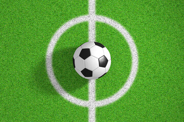 3d illustration soccer ball in center field on grass lawn