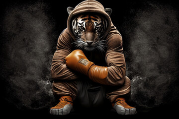 Portrait of a tiger in a tracksuit and boxing gloves. AI generated.