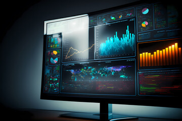 A computer screen displaying multiple financial reports and graphs and pie, representing the idea of data analysis and strategic decision making in business management. Generative AI