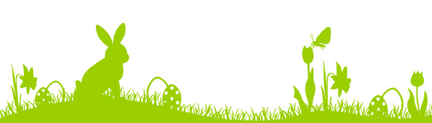 Happy easter holiday background banner panorama vector illustration for logo - Green silhouette of Easter bunny and easter eggs on spring meadow, isolated on white background