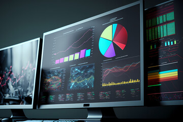 A computer screen displaying multiple financial reports and graphs and pie, representing the idea of data analysis and strategic decision making in business management. Generative AI