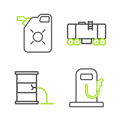 Set line Petrol or gas station, Barrel oil leak, Oil railway cistern and Canister for motor icon. Vector